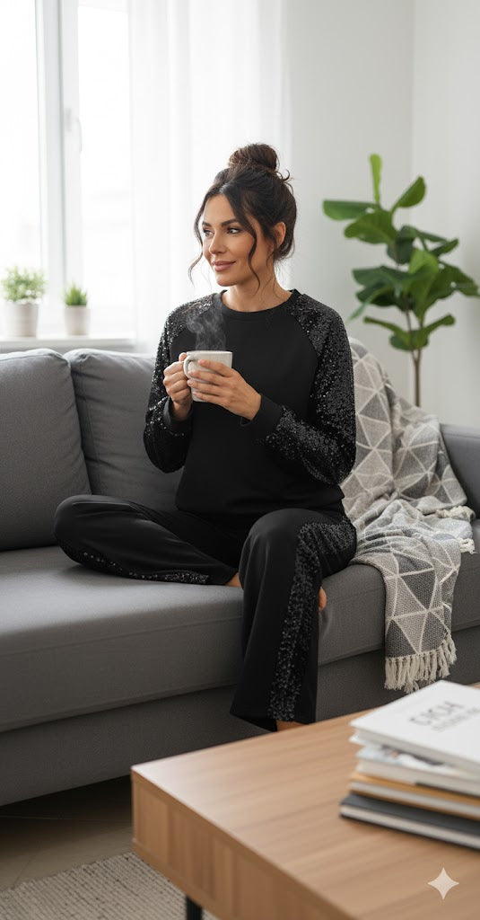 Μαύρο Σετ Φόρμας με Παγιέτες Raglan Casual Chic | C&M