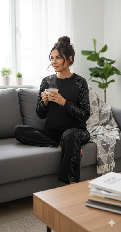 Μαύρο Σετ Φόρμας με Παγιέτες Raglan Casual Chic | C&M