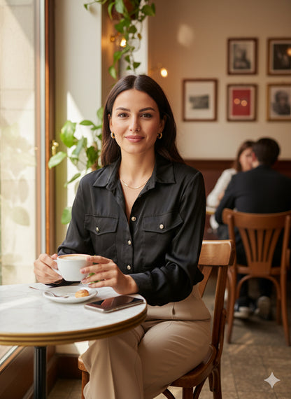 Μαύρο Σατέν Πουκάμισο με Χρυσά Κουμπιά Casual Chic | C&M