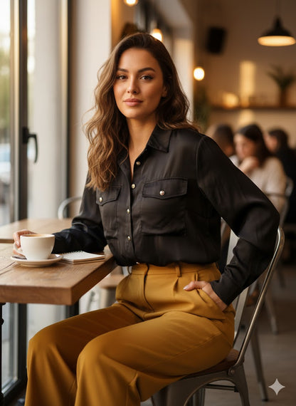 Μαύρο Σατέν Πουκάμισο με Χρυσά Κουμπιά Casual Chic | C&M