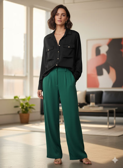 Μαύρο Σατέν Πουκάμισο με Χρυσά Κουμπιά Casual Chic | C&M