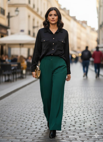 Μαύρο Σατέν Πουκάμισο με Χρυσά Κουμπιά Casual Chic | C&M