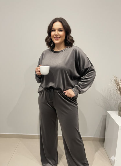 Γκρι Βελούδινο Σετ Φόρμας Oversized Loungewear | C&M