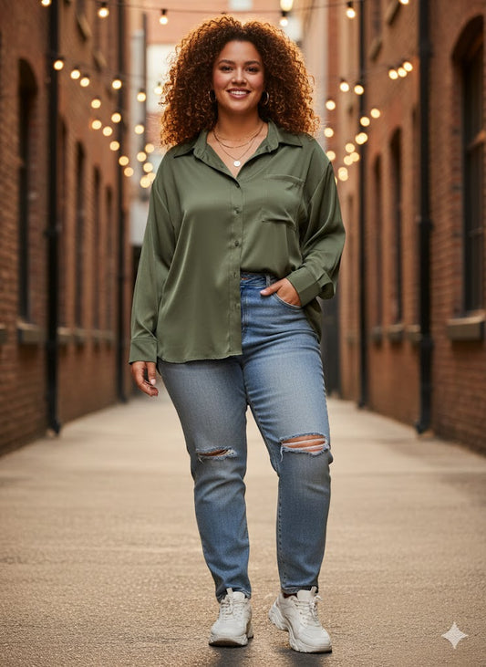 Λαδί Σατέν Πουκάμισο Oversized Olive Green Casual Chic | C&M