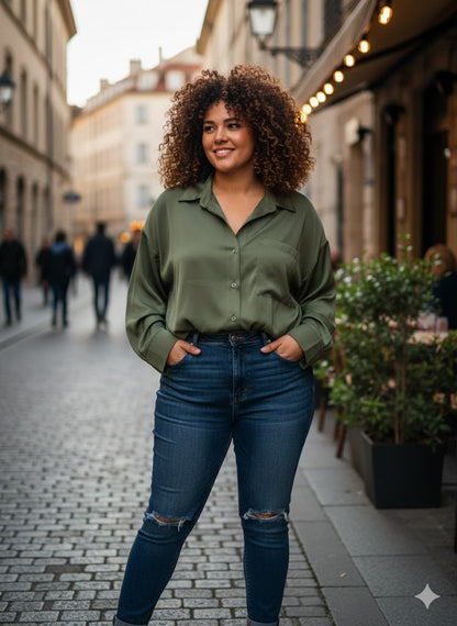 Λαδί Σατέν Πουκάμισο Oversized Olive Green Casual Chic | C&M