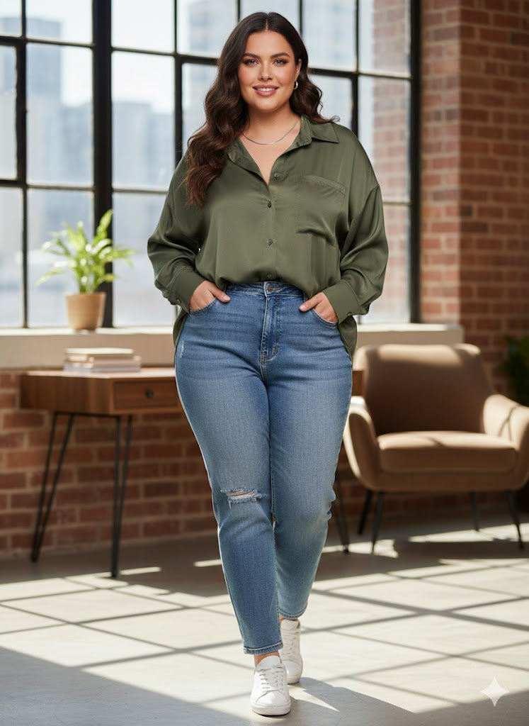 Λαδί Σατέν Πουκάμισο Oversized Olive Green Casual Chic | C&M