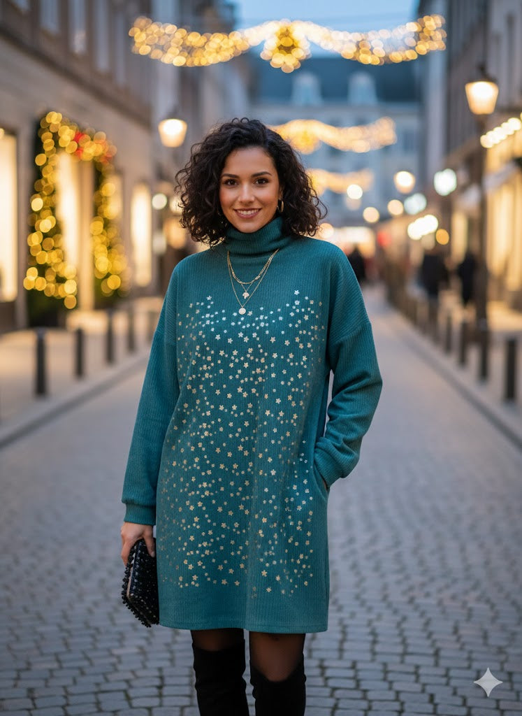 Πετρόλ Φόρεμα Κοτλέ με Χρυσά Αστέρια Ζιβάγκο Χειμερινό | C&M