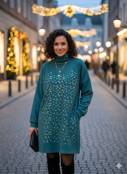 Πετρόλ Φόρεμα Κοτλέ με Χρυσά Αστέρια Ζιβάγκο Χειμερινό | C&M