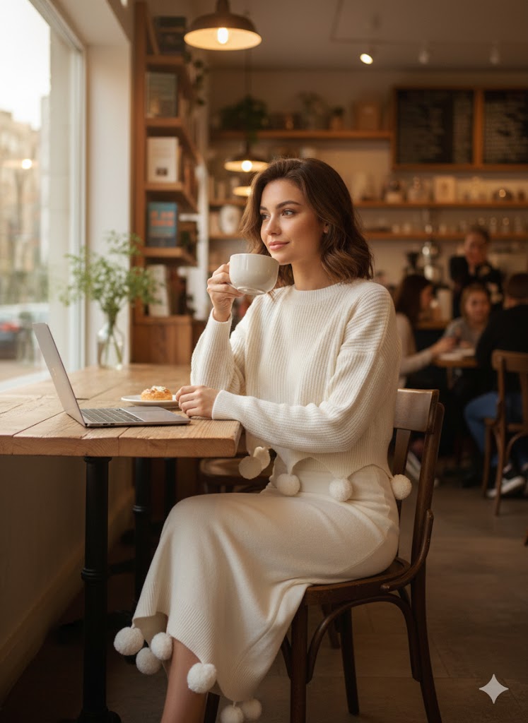 Λευκό Πλεκτό Σετ με Πομ-Πομ Πουλόβερ Φούστα Midi | C&M