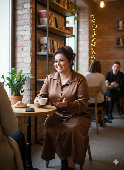 Χάλκινο Σατέν Πουκάμισο Φόρεμα Midi Μπρονζέ Shirtdress | C&M