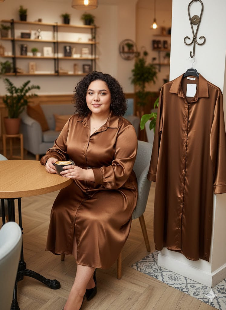 Χάλκινο Σατέν Πουκάμισο Φόρεμα Midi Μπρονζέ Shirtdress | C&M