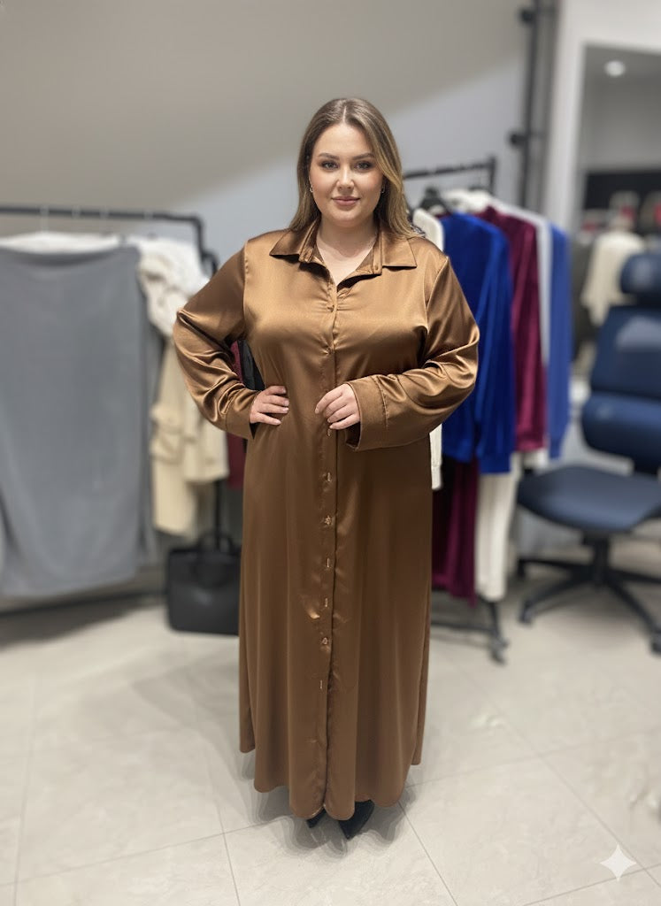Χάλκινο Σατέν Πουκάμισο Φόρεμα Midi Μπρονζέ Shirtdress | C&M