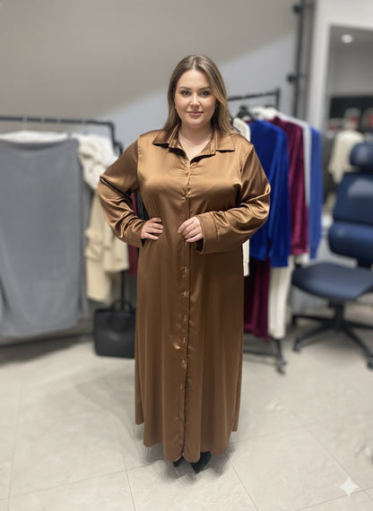 Χάλκινο Σατέν Πουκάμισο Φόρεμα Midi Μπρονζέ Shirtdress | C&M