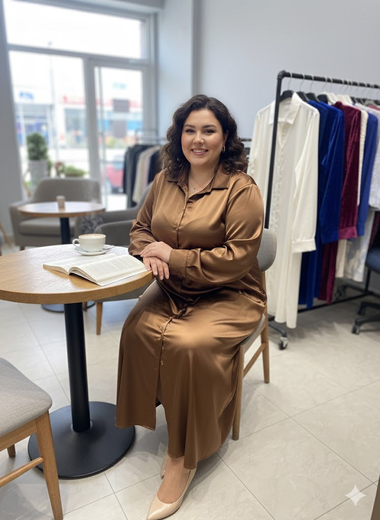 Χάλκινο Σατέν Πουκάμισο Φόρεμα Midi Μπρονζέ Shirtdress | C&M