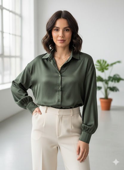 Σκούρο Πράσινο Σατέν Πουκάμισο Χακί Cropped Boxier | C&M