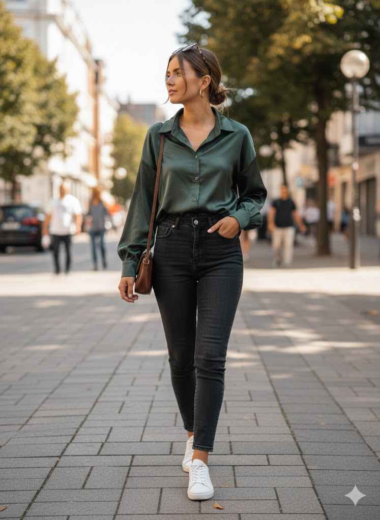 Σκούρο Πράσινο Σατέν Πουκάμισο Χακί Cropped Boxier | C&M