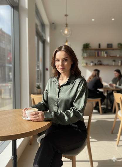 Σκούρο Πράσινο Σατέν Πουκάμισο Χακί Cropped Boxier | C&M