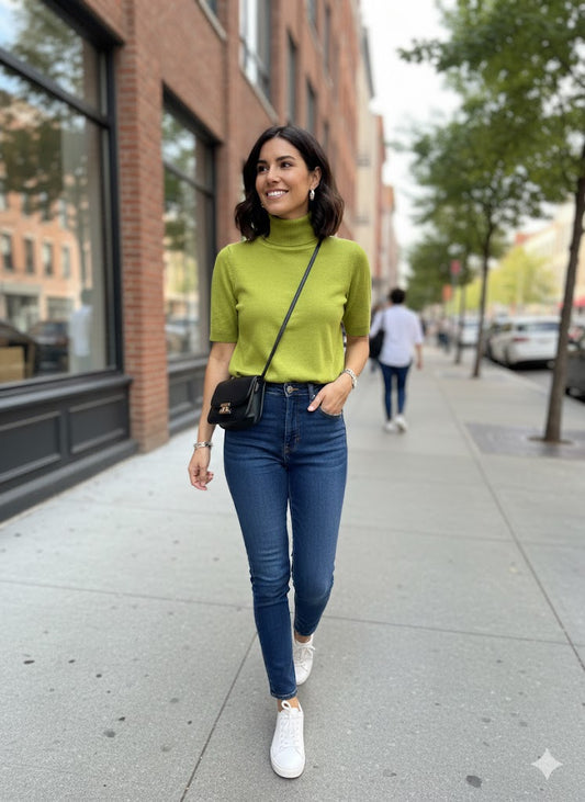 Λαχανί Πλεκτό Τοπ με Ζιβάγκο Κοντό Μανίκι Lime Green | C&M