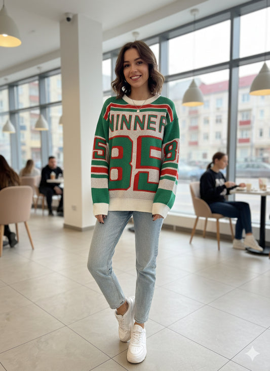 Πλεκτό Πουλόβερ Winner 85 Ρετρό Αθλητικό Πράσινο Κόκκινο | C&M