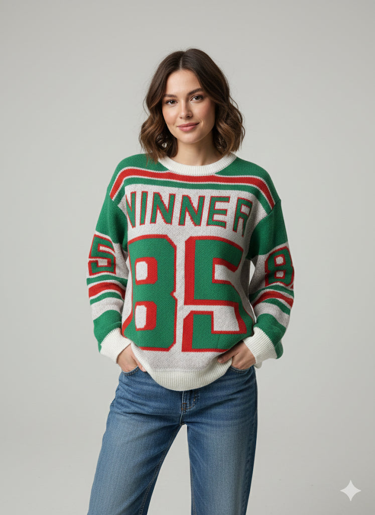 Πλεκτό Πουλόβερ Winner 85 Ρετρό Αθλητικό Πράσινο Κόκκινο | C&M