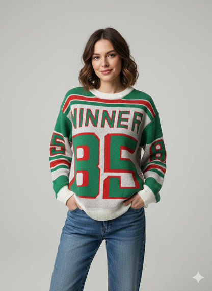Πλεκτό Πουλόβερ Winner 85 Ρετρό Αθλητικό Πράσινο Κόκκινο | C&M