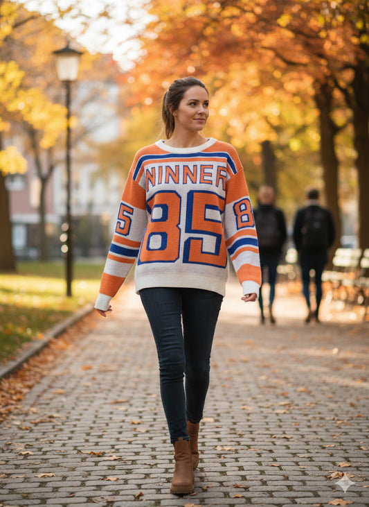 Πορτοκαλί Πλεκτό Πουλόβερ Winner 85 Ρετρό Αθλητικό Μπλε | C&M