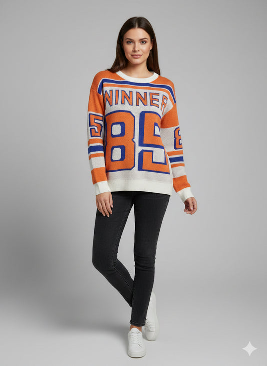 Πορτοκαλί Πλεκτό Πουλόβερ Winner 85 Ρετρό Αθλητικό Μπλε | C&M