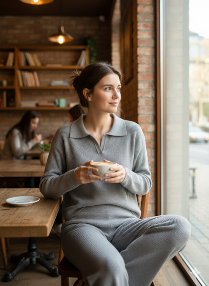 Γκρι Πλεκτό Σετ Loungewear Polo Collar Wide Leg Ριπ | C&M