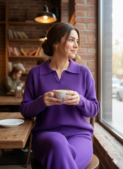 Μωβ Πλεκτό Σετ Loungewear Polo Collar Wide Leg Ριπ | C&M