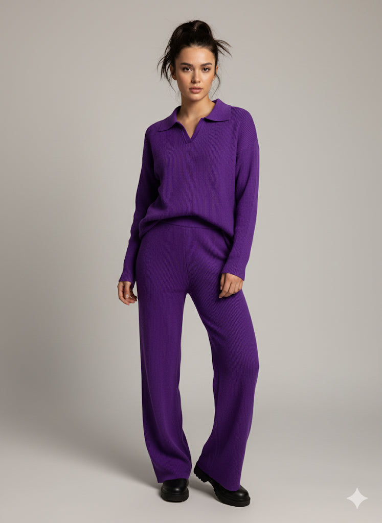 Μωβ Πλεκτό Σετ Loungewear Polo Collar Wide Leg Ριπ | C&M