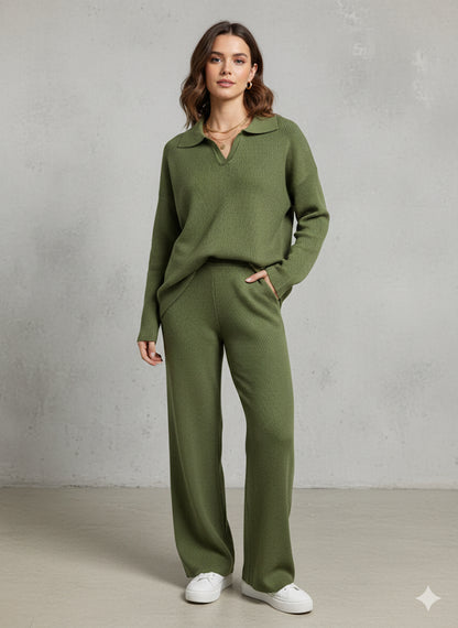 Πράσινο Πλεκτό Σετ Loungewear Polo Collar Wide Leg Ριπ | C&M