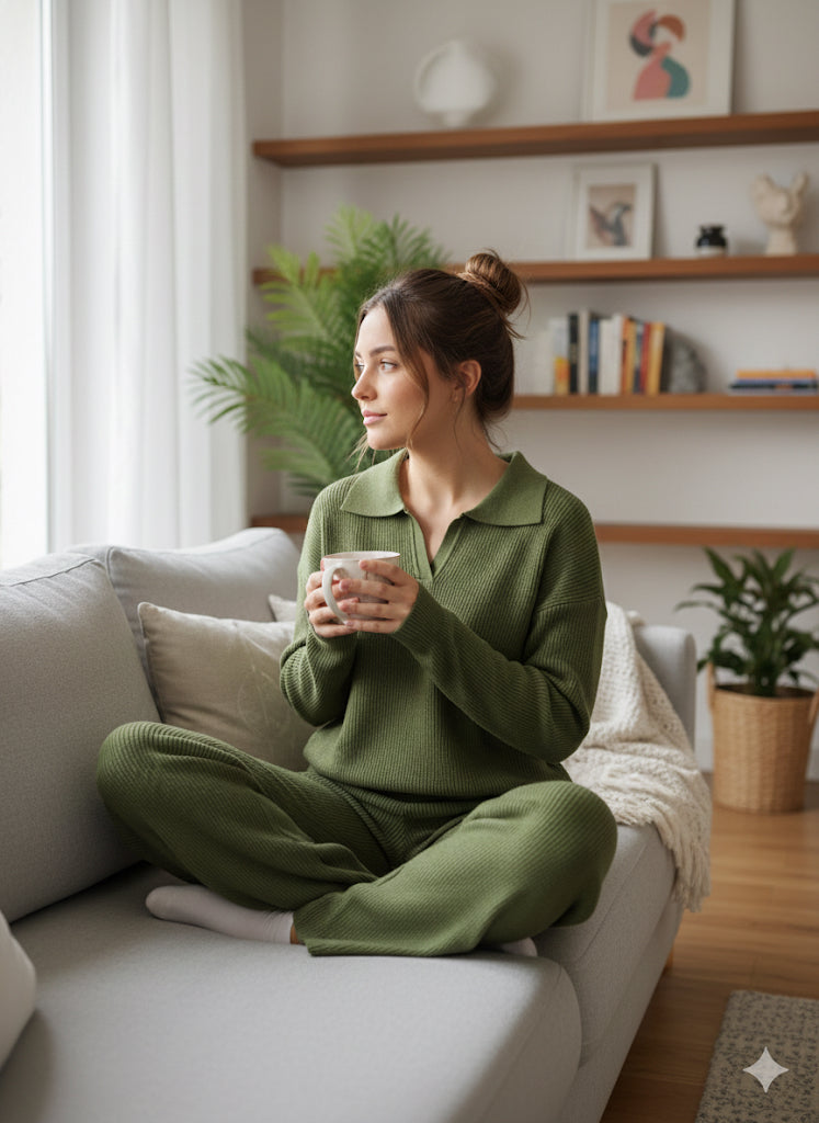 Πράσινο Πλεκτό Σετ Loungewear Polo Collar Wide Leg Ριπ | C&M