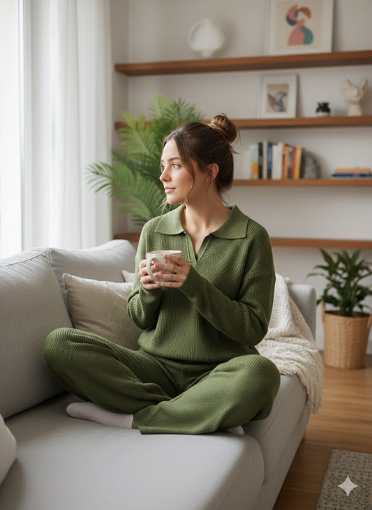 Πράσινο Πλεκτό Σετ Loungewear Polo Collar Wide Leg Ριπ | C&M