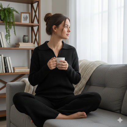 Μαύρο Πλεκτό Σετ Loungewear Polo Collar Wide Leg Ριπ | C&M