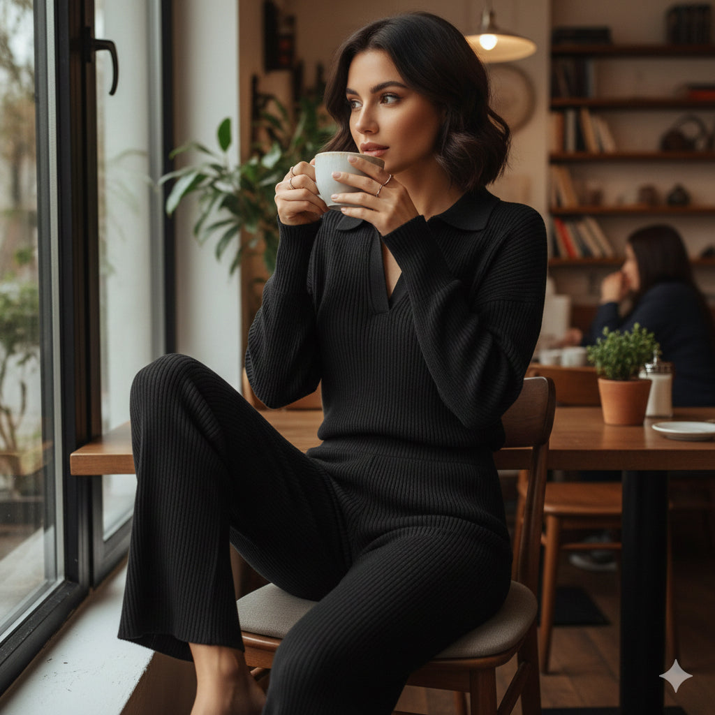 Μαύρο Πλεκτό Σετ Loungewear Polo Collar Wide Leg Ριπ | C&M