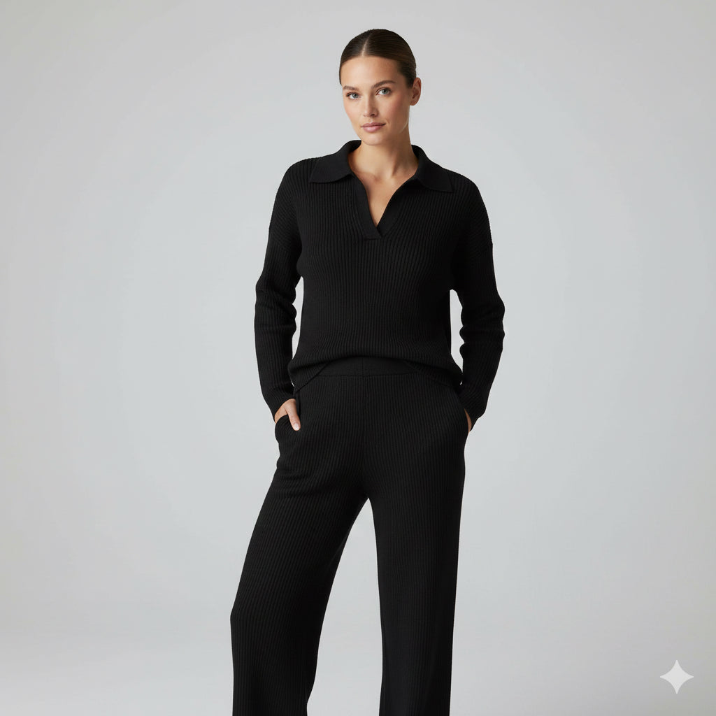 Μαύρο Πλεκτό Σετ Loungewear Polo Collar Wide Leg Ριπ | C&M