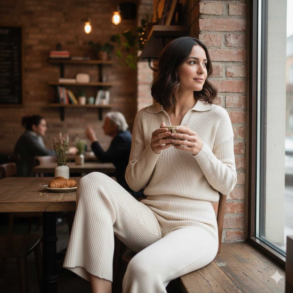 Κρεμ Πλεκτό Σετ Loungewear Polo Collar Wide Leg Ριπ | C&M