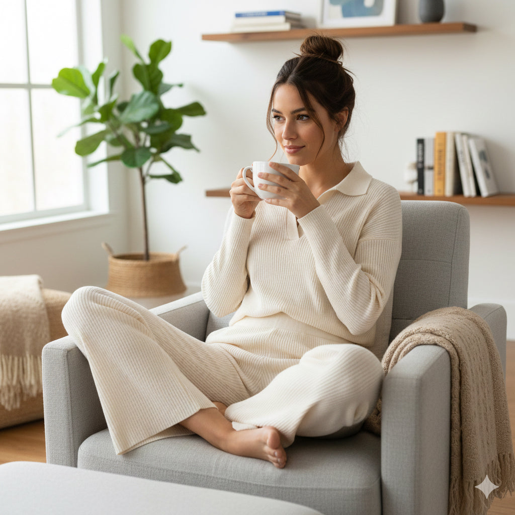 Κρεμ Πλεκτό Σετ Loungewear Polo Collar Wide Leg Ριπ | C&M