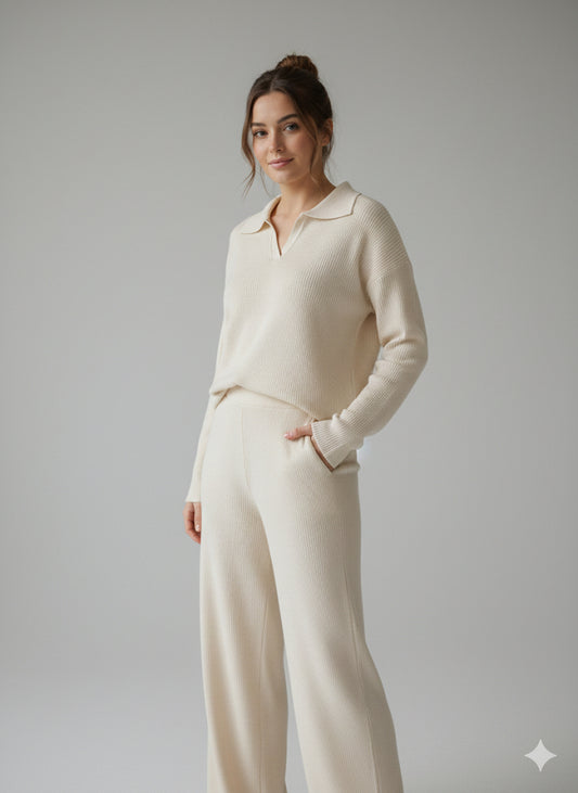 Κρεμ Πλεκτό Σετ Loungewear Polo Collar Wide Leg Ριπ | C&M