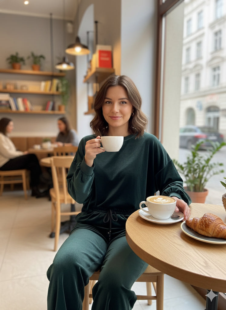 Σκούρο Πράσινο Βελούδινο Σετ Oversized Wide Leg Loungewear | C&M