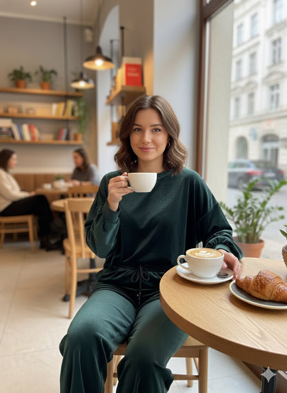 Σκούρο Πράσινο Βελούδινο Σετ Oversized Wide Leg Loungewear | C&M