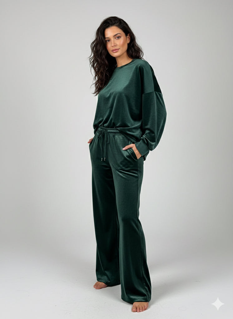 Σκούρο Πράσινο Βελούδινο Σετ Oversized Wide Leg Loungewear | C&M