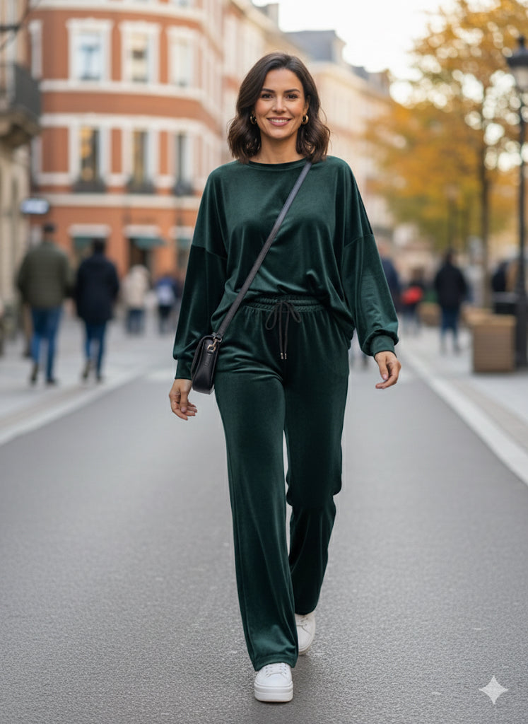 Σκούρο Πράσινο Βελούδινο Σετ Oversized Wide Leg Loungewear | C&M