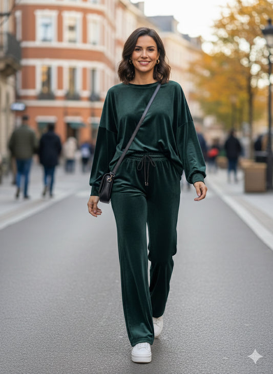 Σκούρο Πράσινο Βελούδινο Σετ Oversized Wide Leg Loungewear | C&M