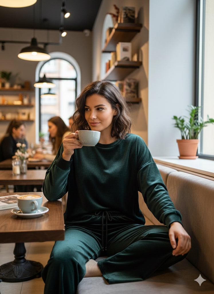 Σκούρο Πράσινο Βελούδινο Σετ Oversized Wide Leg Loungewear | C&M