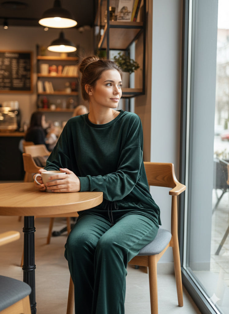 Σκούρο Πράσινο Βελούδινο Σετ Oversized Wide Leg Loungewear | C&M