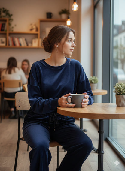 Σκούρο Μπλε Βελούδινο Σετ Oversized Wide Leg Loungewear | C&M