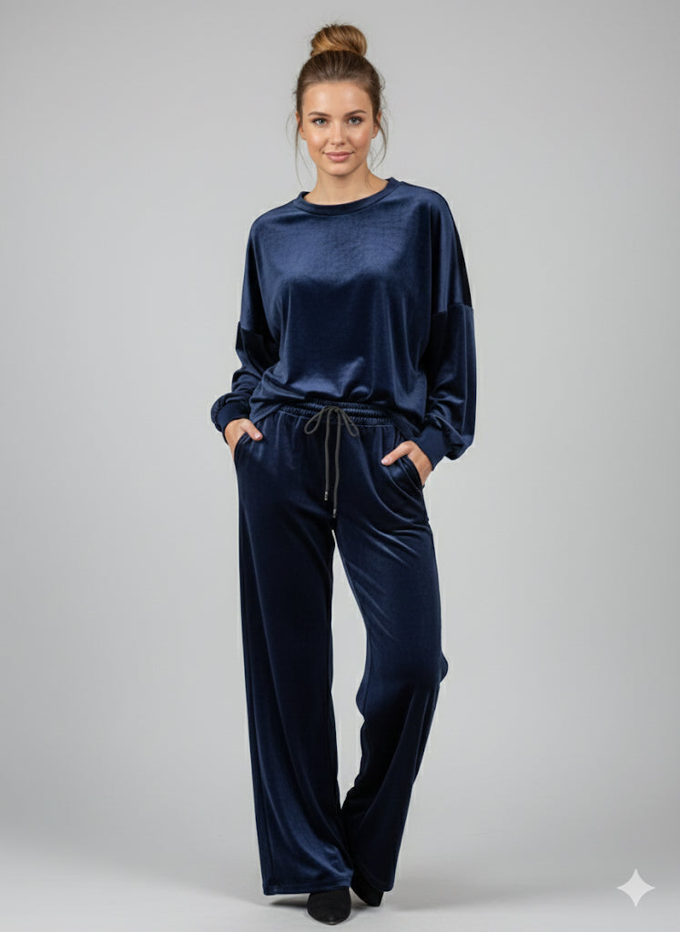 Σκούρο Μπλε Βελούδινο Σετ Oversized Wide Leg Loungewear | C&M