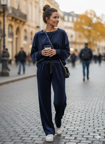 Σκούρο Μπλε Βελούδινο Σετ Oversized Wide Leg Loungewear | C&M