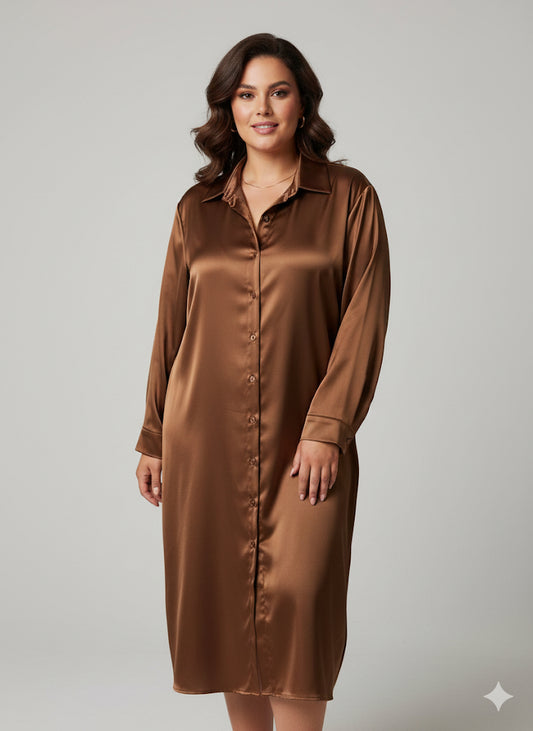 Χάλκινο Σατέν Πουκάμισο Φόρεμα Midi Μπρονζέ Shirtdress | C&M